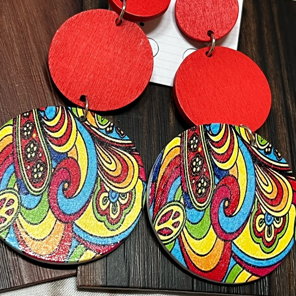 Colorful Wooden Earrings statement bohemian hippie lightweight fest